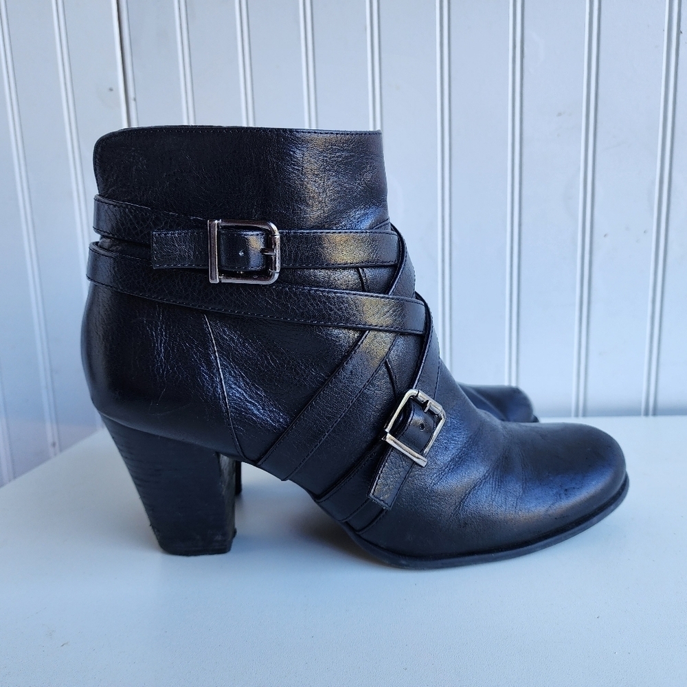 Nurture Black Genuine Leather Zip Buckle Strap Fashion Ankle Boots Womens 10 M